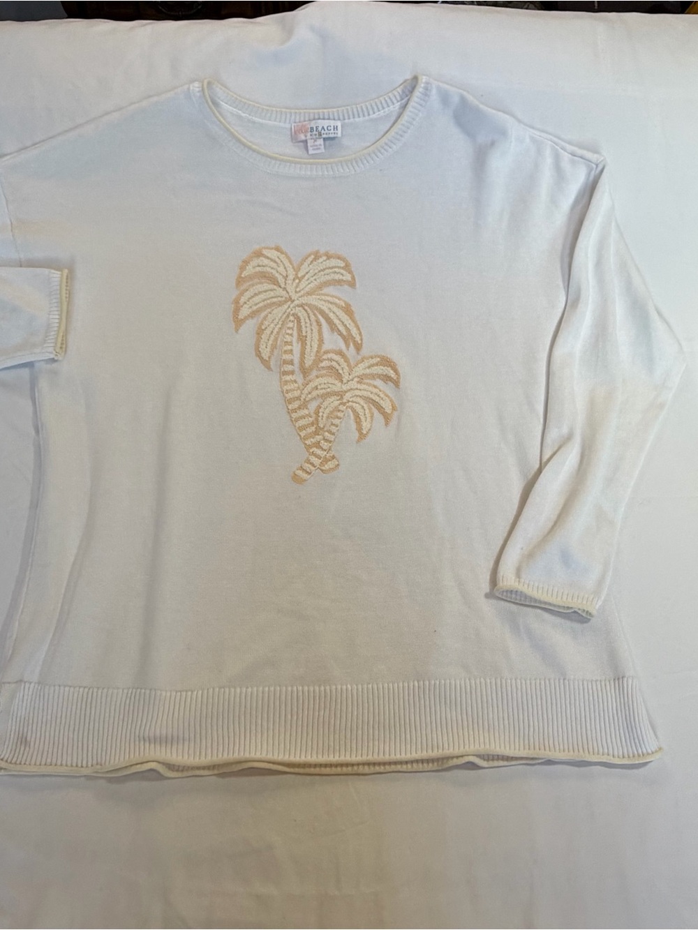 Belle Beach Kim Gravel Palm Tree Sweater Women’s M Ivory Cotton Rayon Beach